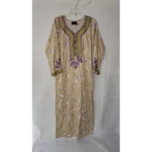 Floral‎ Embroidered Maxi Dress Green Purple Beige M Long Sleeve Kurta Kaftan